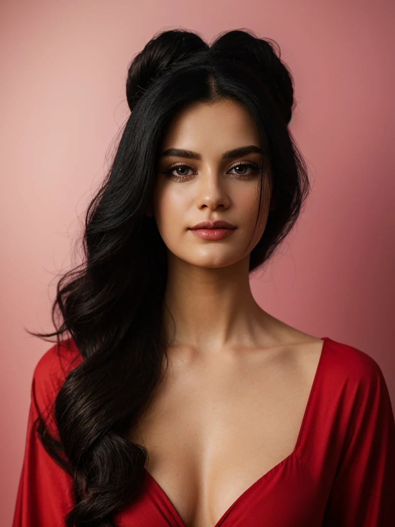 Best quality, masterpiece, ultra high res, (photorealistic:1.5), raw photo, 1 mature Ancient Egyptian girl, white off shoulder dress, in the dark, deep shadow, low key, cold light, sexy look, black Cleopatra's hair (((black hair))), bright eyes, yin sanpaku eyes, eyeshadow, (((plain red background))), cinematic studio lighting