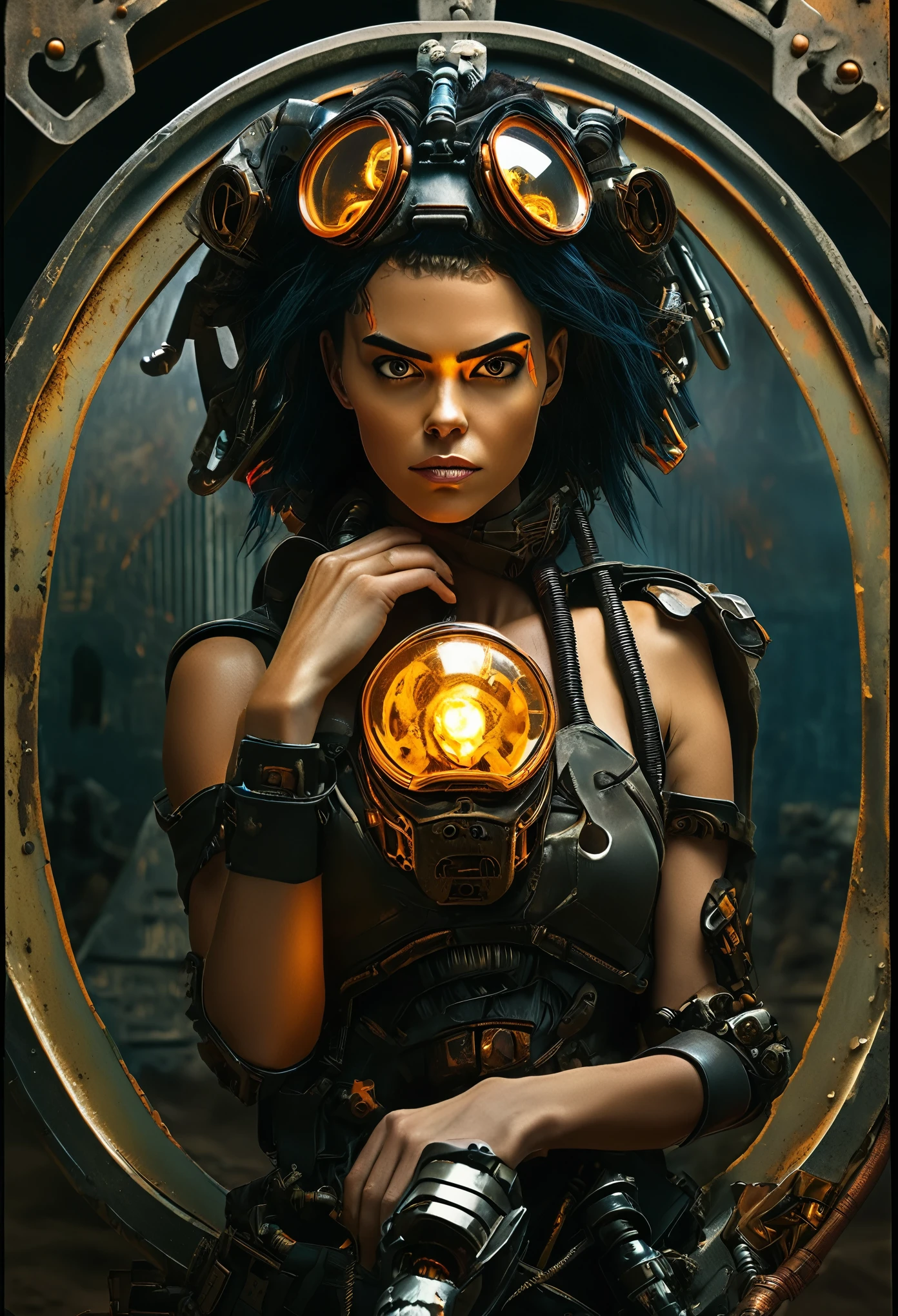 (((mulher))), (((melhor qualidade))), (((obra prima))), (((adulto))), A highly detailed and realistic skull girl,( Anya. Taylor Joy) cyberpunk character, mad max furiosa, one hand robot, cyborg arm, orange hair, dramatic metal heavy rock theme, best quality, 8k, hyperrealistic, photorealistic, extreme detailed painting, studio lighting, vivid colors, dark moody atmosphere, cinematic, dramatic pose, intricate mechanical details, glowing energy effects, intense gritty textures, seamless integration of organic and inorganic elements. Wearing the used clothes of a wastelander. Background: An apocalyptic wasteland. Dusty and depressing.