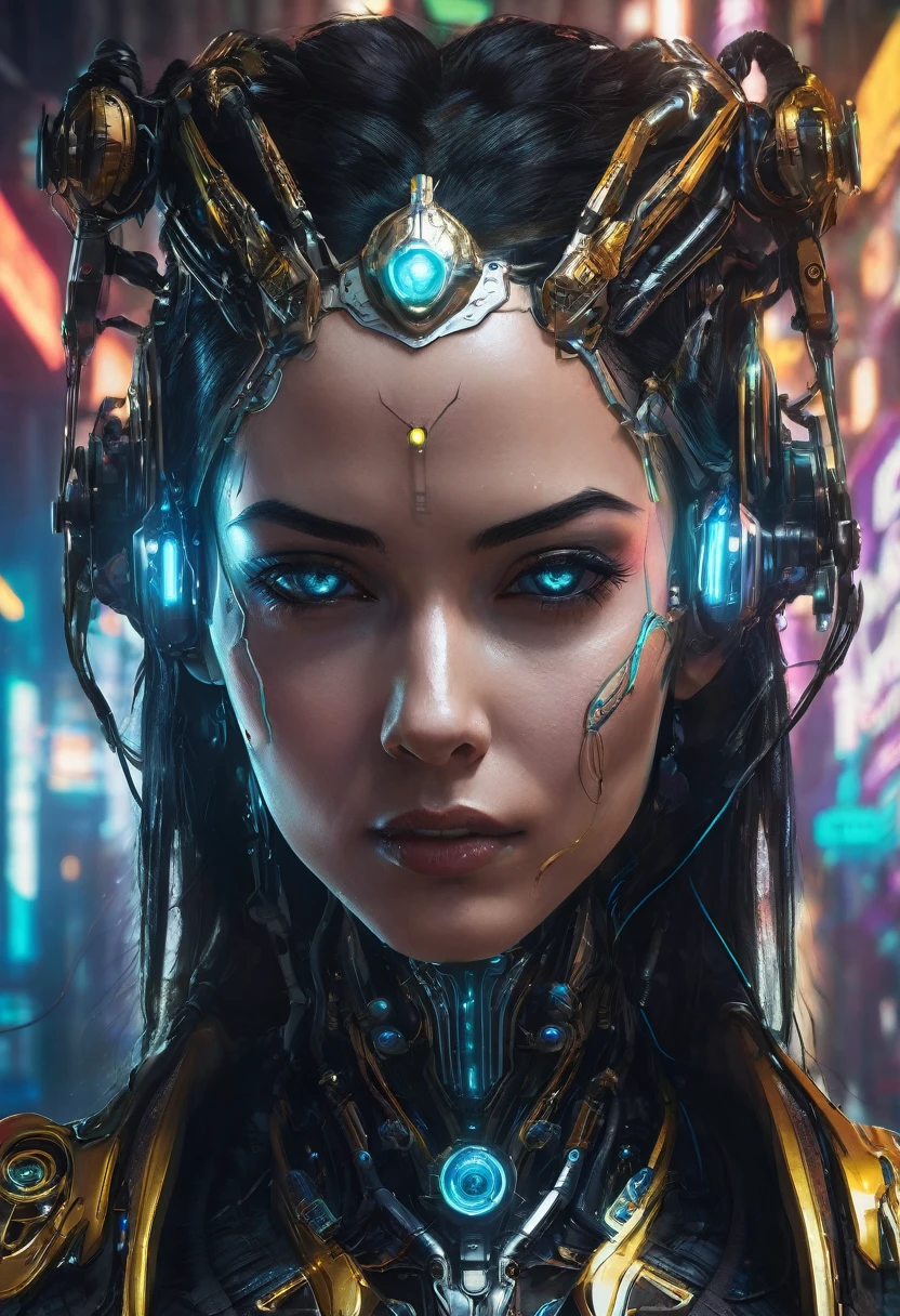 a closeup of a woman with a strange face and RNA, cyberpunk art inspired by Marek Okon, winner of cgsociety contest, fantasy art, cyborg - girl, portrait of a cyborg queen, beautiful cyborg priestess, gothic - cyberpunk, cyberpunk robotic elvish queen, cyborg girl, ornamental gothic - cyberpunk, cyberpunk angry gorgeous goddess, cyberpunk medusa