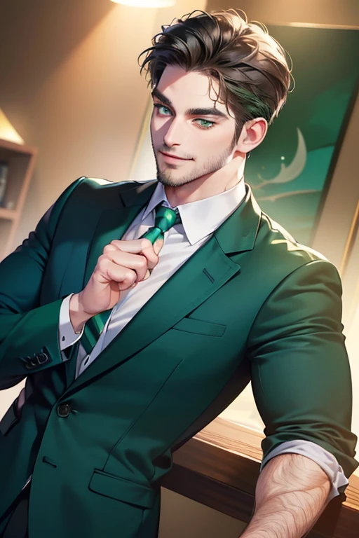 a handsome 35 year old man, 3 day beard, dark hair, sharp jawline, (mesmerizing green eyes), perfectly styled hair, wearing cool anime outfitt, dynamic lighting, (CEO), (expression, smile in love), (best quality,4k,8k,highres,masterpiece:1.2),ultra-detailed,(realistic,photorealistic,photo-realistic:1.37)