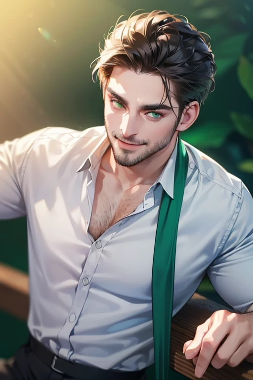 a handsome 35 year old man, 3 day beard, dark hair, sharp jawline, (mesmerizing green eyes), perfectly styled hair, wearing cool anime outfitt, dynamic lighting, (CEO), (expression, smile in love), (best quality,4k,8k,highres,masterpiece:1.2),ultra-detailed,(realistic,photorealistic,photo-realistic:1.37)