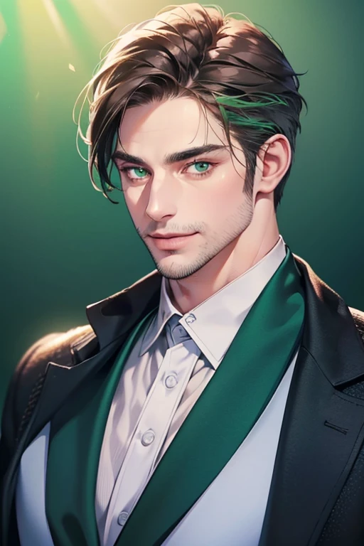 a handsome 35 year old man, 3 day beard, dark hair, sharp jawline, (mesmerizing green eyes), perfectly styled hair, wearing cool anime outfitt, dynamic lighting, (CEO), (expression, smile in love), (best quality,4k,8k,highres,masterpiece:1.2),ultra-detailed,(realistic,photorealistic,photo-realistic:1.37)