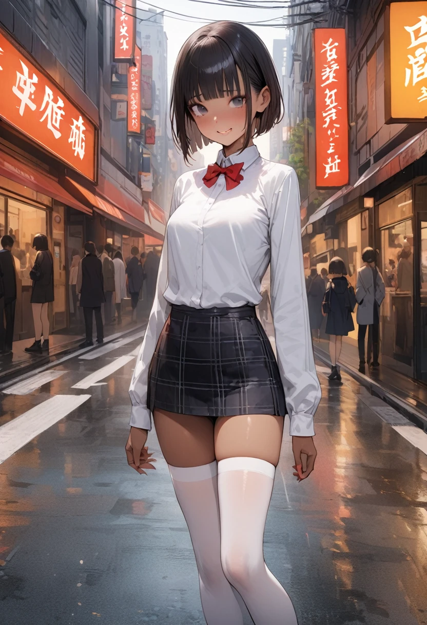 ((masterpiece,Highest quality:1.3,best quality illustration)),((realistic)),cowboy shot,独奏,1woman,(18 year old beauty),black hair,short bob hair,blunt bangs,black eyes,gorgeous big eyes,((very small head:1.3)),shy,smile,((very long body:1.2,skinny,tan skin)),medium breasts,(Red bow tie、White shirt、Black plaid mini skirt、white_thighhighs),gleaming skin,slender body,standing,on street,neon、Shibuya Station、