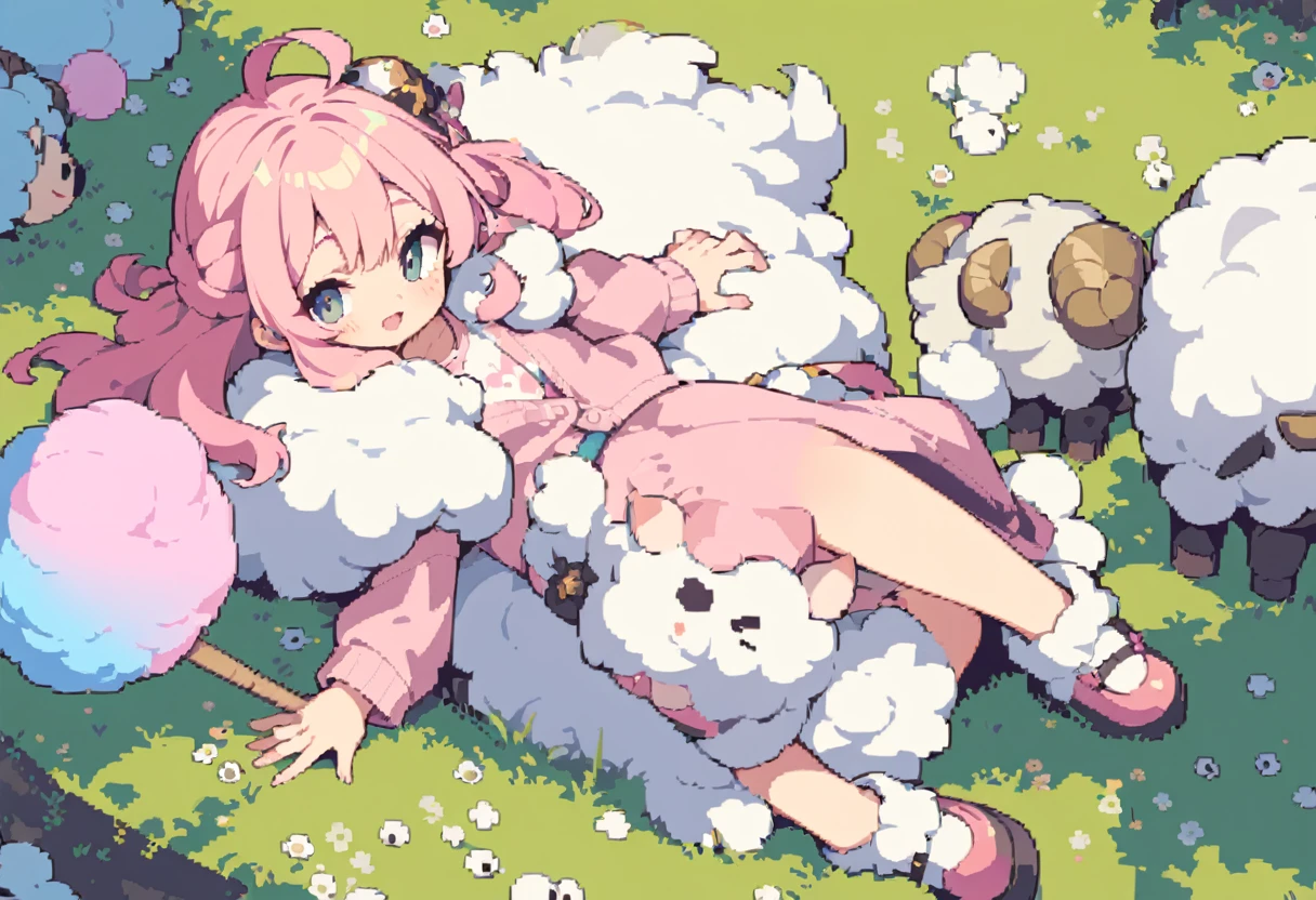 masterpiece, Highest quality, 8k, Pixel art, Pixel art, Vivid, ((woman, 若いwoman, sheepの上にwomanが乗っている, とても大きなsheepに乗っている, ふわふわのsheep)), smile, cute, smile, Mouth open, (((Fluffy hair:1.5, Cotton candy hair:1.8))), Long Hair, (sheepの毛のような髪, Mokomo Konoko hair, Pink Hair), eyebrow, 太いeyebrow, one piece, Pink clothes, Long skirt, Spread your wings, cardigan, 水色のcardigan, shoes, 茶色いshoes, grassland, sheep, もこもこのsheep, 大きいsheep, sheepの群れ, sheepに乗っている,