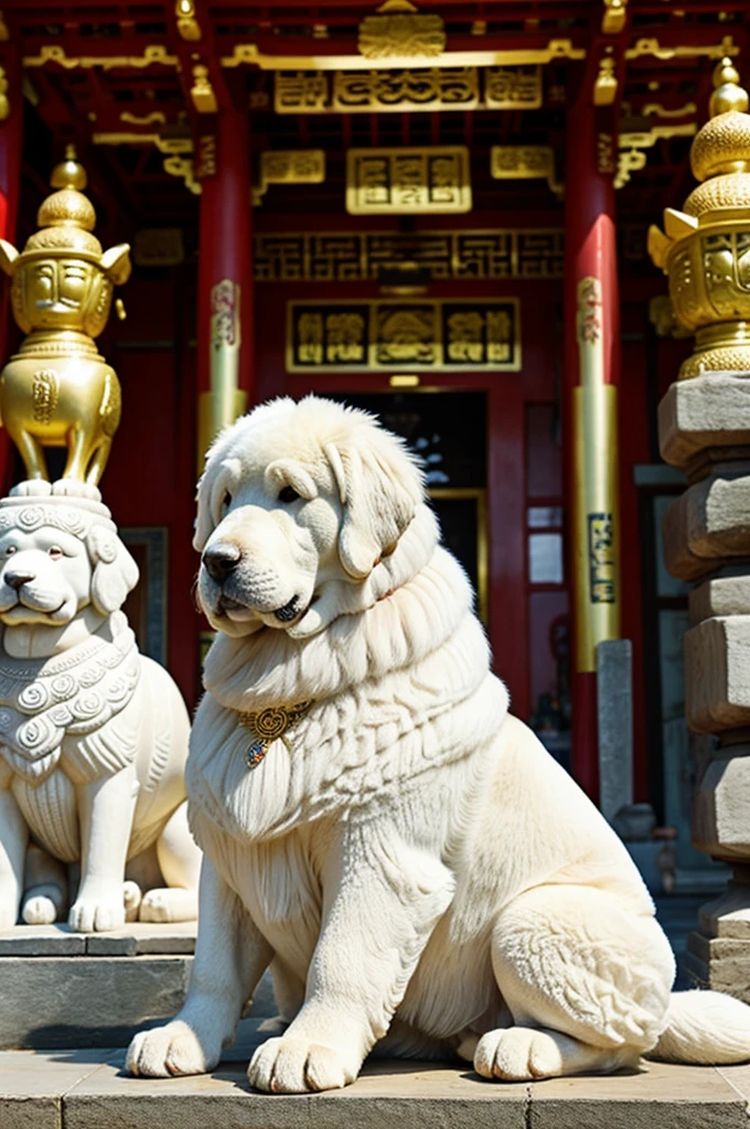 A very large white dog, Tibetan mastiff breeds in an Asian temple, next to sculptures of dogs
