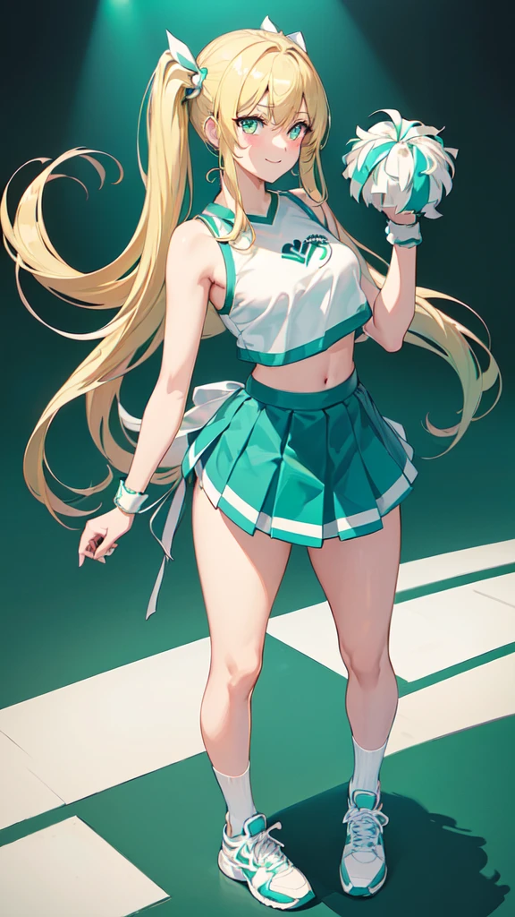 (masterpiece, top quality, best quality, official art, beautiful and aesthetic:1.2), (8k, best quality, masterpiece:1.2), (((masterpiece))), (((best quality))), (((extremely detailed))), illustration, who, (masterpiece, top quality, best quality, official art, beautiful and aesthetic:1.2), (8k, best quality, masterpiece:1.2), 1girl, crop top, cheerleader, Pom-poms in hand, (((blonde hair))), very long twin tails, medium breasts, (((turquoise eyes))), full body, wide hips, smile, skirt, (((dark green and white cheerleader outfit))), (((arena))),