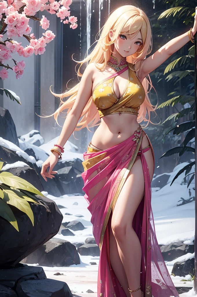 (absurderes, A high resolution, Ultra detailed, hdr), Masterpiece, Best quality, Portrait of an Indian tsunade(naruto), extreme realistic very beautiful, animated style, closeup shot, anime in a(((pink))) indian dress transparent (((saree))), long black wavy hair untied, head jewellery, necklace, earings, armlets, bangles and bracelets, rings, pleasant expression, bright big blue eyes, natural beauty,night sky, vintage aesthetic,big breast,navel, cleavage ,standing straight,open mouth,saliva,tongue out,face on front,a lot of in the mouth,drools,red lip