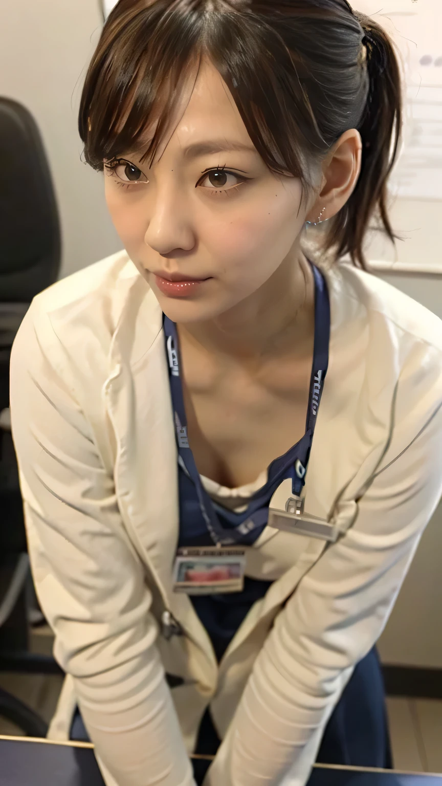 ((Medical Slabs:1.5)、A female technician wearing glasses peering at a patient leaning forward in a hospital、Breast flash、Cleavage、Small breasts)、(Realistic、Like a photograph、Live Action、, Realistic, RAW Photos, Best image quality: 1.4), Single-lens reflex camera、RAW Photos, Highest quality, Realistic, Very detailed CG Unity 8k wallpaper, Written boundary depth, Cinematic Light, Lens flare, Ray Tracing, Realistic background、hospital:1.4、(nurse:1.4、Medical scrub:1.3、Toned body)、((Ultra-dense skin))、 woman,Cute Japanese nurse、((Leaning forward、((whole body:1.5))、During examination:1.1、Serious expression))、Pink inner color hair、short hair:1.2、Short Ponytail、I like that style、stylish、Very detailed、Pay attention to the details、Perfect outfit、(Sunburned skin)、Beautiful legs:1.1、Front top view、Anatomically correct body、Accurate fingering