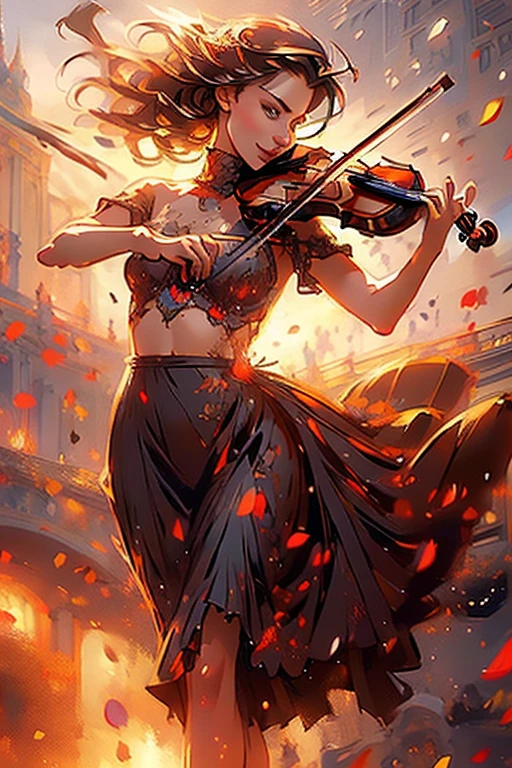 (realistic illustration:1.3), A very beautiful Russian woman. 31yo, brunette, green eyes, short, perfect figure, small breasts,(smile), Playing a violin, Turtleneck blouse, pencil skirt, high heels, ponytail. Masterpiece, (highly detailed:1.2),(detailed face and eyes:1.2), 8k wallpaper, natural lighting. core shadows, high contrast, bokeh.(rule of thirds)