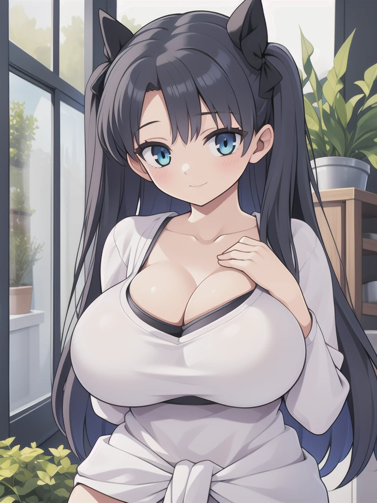 master-piece, bestquality, 1girls,, View viewers from face, HD, slight smile, massive tits, cleavatiny ber tits cleavage, wide hipsrge srden, extra tight cloth, extra slim waist, panzu,