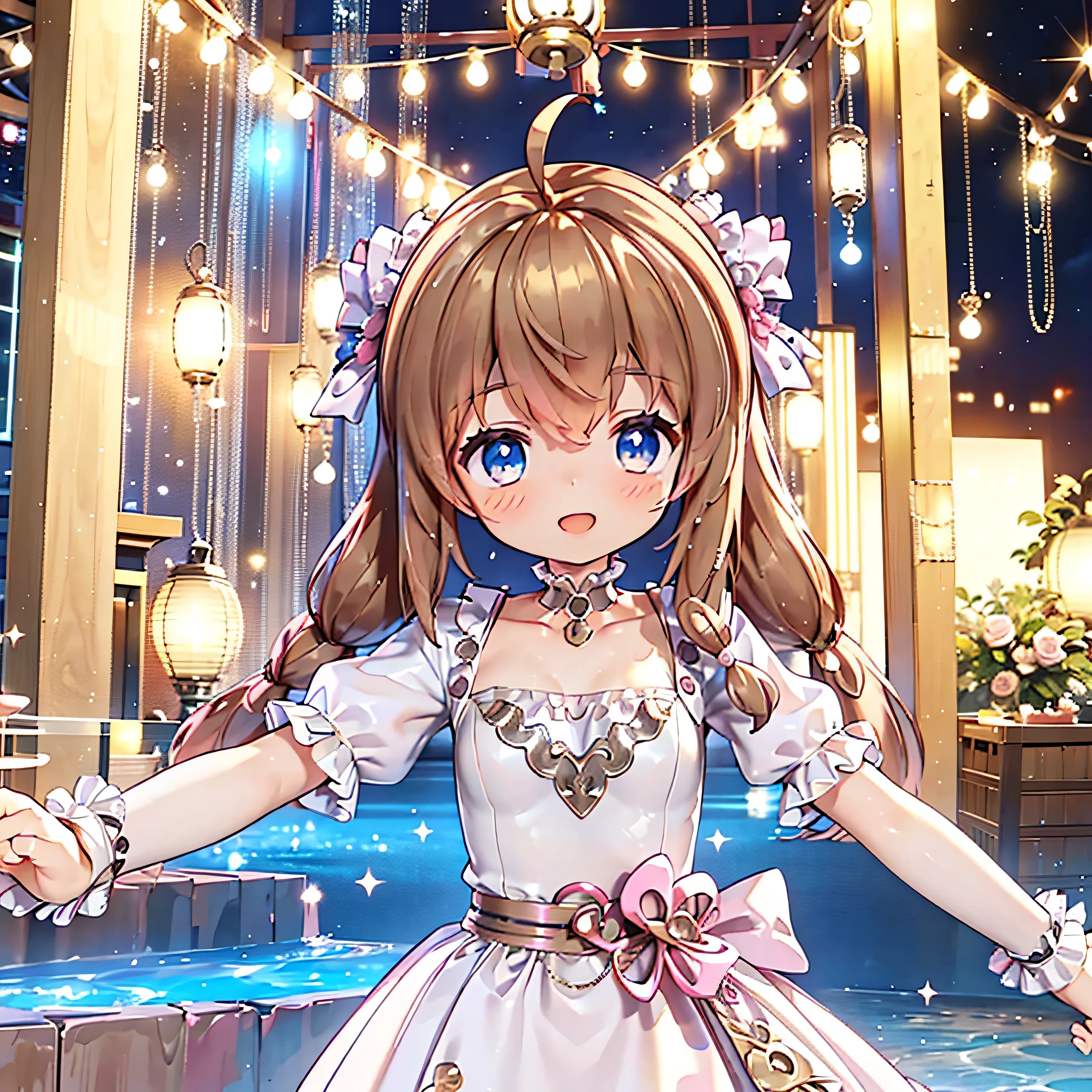 Solo girl, comical, kawaii, Blue eyes, light brown hair, back high twintails, front braids, yellow princess dress, yellow dress, open mouth smile, front view, standing in front of viewer, neon and led lights, posing, sexy, high-resolution image, masterpiece, high quality, attractive eyes, upper body, perfect body,