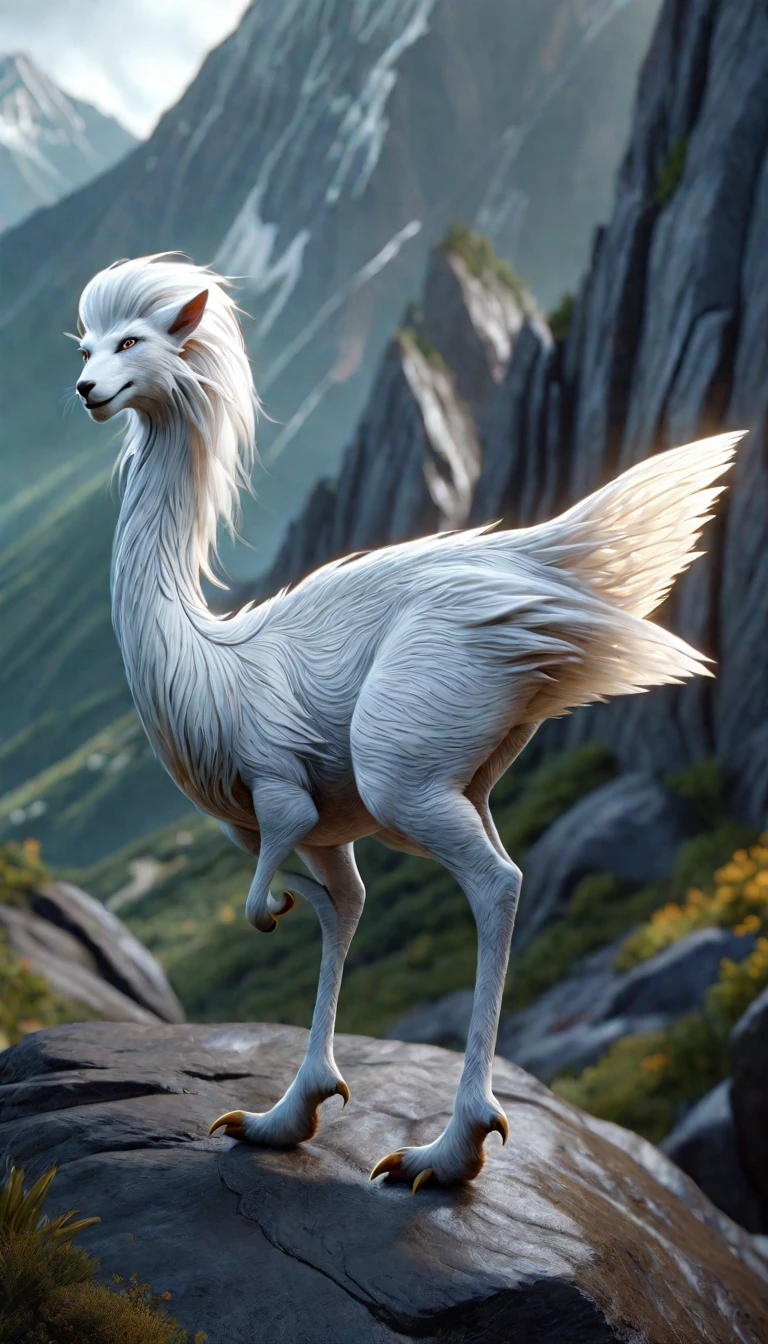 There is a creature on the mountain,human face,White hair,three legs(best quality,4K,8k,High level,masterpiece:1.2),Ultra Detailed,(lifelike,Photo real,Photo real:1.37),Highly detailed animals,Complex patterns,Realistic lighting,Fantasy Creatures