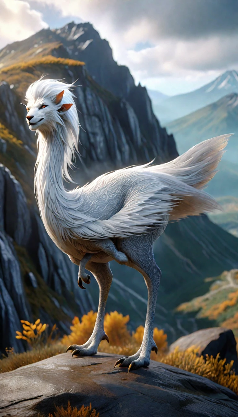 There is a creature on the mountain，human face，White hair，three legs（best quality，4K，8k，High level，masterpiece：1.2），Ultra Detailed，（lifelike，Photo real，Photo real：1.37），Highly detailed animals，Complex patterns，Realistic lighting，Fantasy Creatures