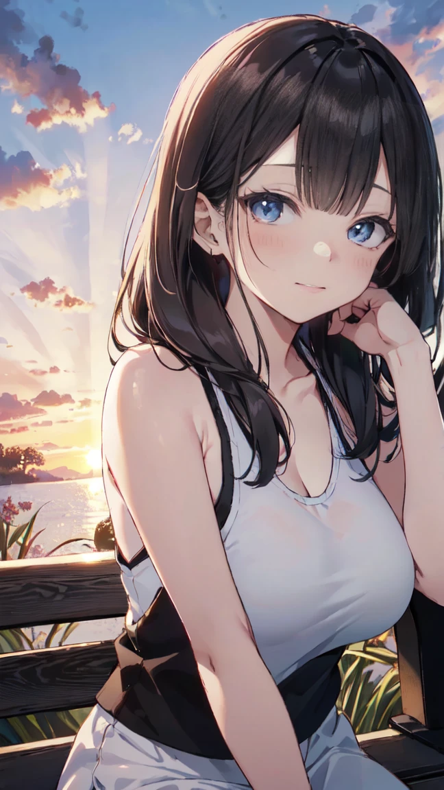 Best image quality, 8k, (Ultra-high resolution:1.5,Japanese,smile,Delicate eyes,Sensitive face,Attractive face,Long Black Hair、garden、Sunset、Fantasy、Black tank top、White itting on a bench、Tears in my eyes、Pensive expression、Big Breasts、