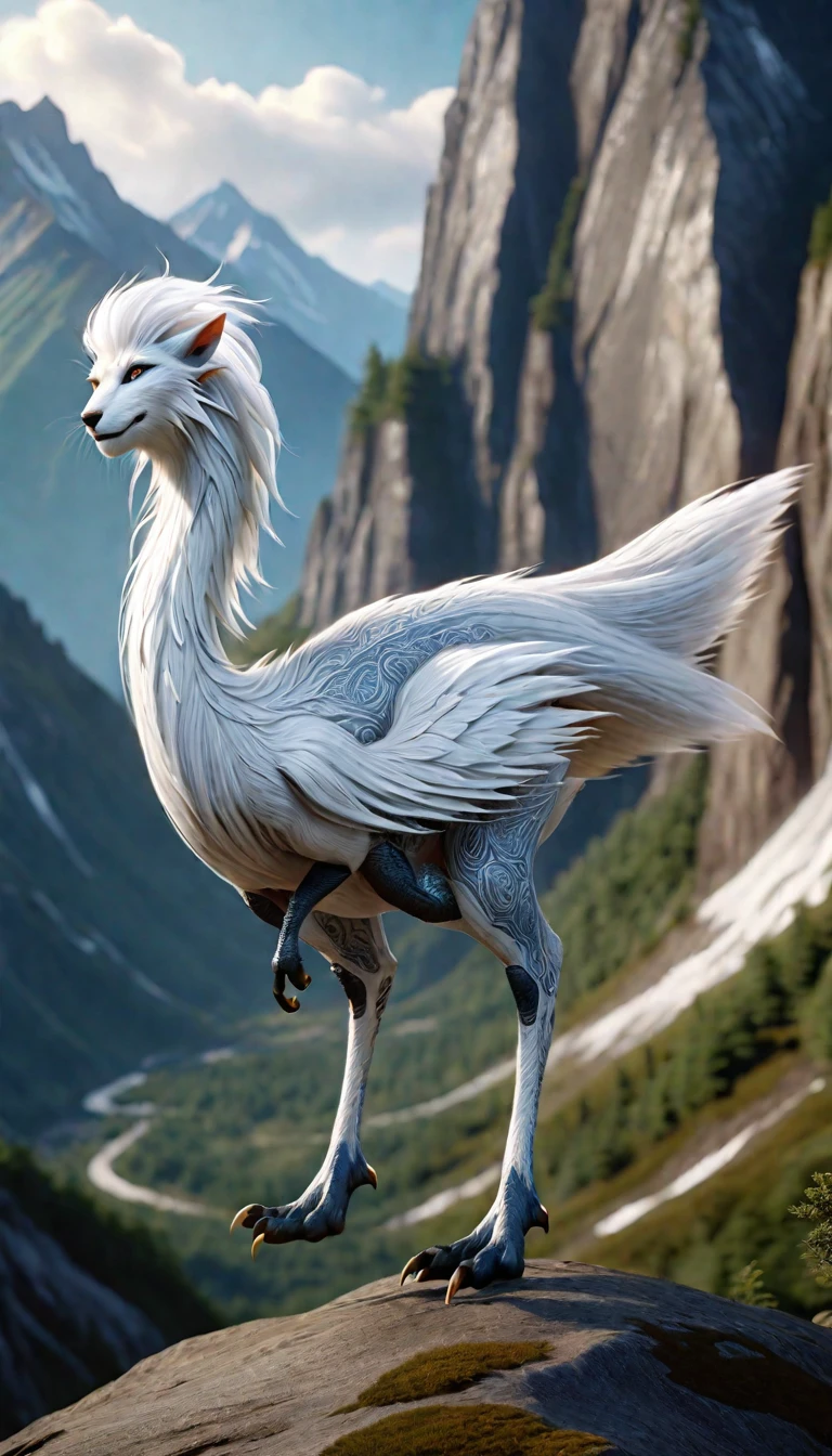 There is a creature on the mountain，human face，White hair，three legs（best quality，4K，8k，High level，masterpiece：1.2），Ultra Detailed，（lifelike，Photo real，Photo real：1.37），Highly detailed animals，Complex patterns，Realistic lighting，Fantasy Creatures