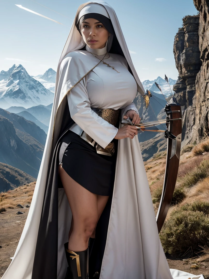 (masterpiece, top quality, best quality, official art, beautiful and aesthetic:1.2), (1girl:1.3), ((Sharp facial features, sharp features, hawkish features)), ((grey eyes)), busty paladin knight girl, extremely detailed, portrait, looking at viewer, solo, (full body:0.6), detailed background, full-body shot, (cold mountain nighttime glacier theme:1.1), holy knight, (nun), charlatan, smirk, mysterious, swaying in mountains, armor, polished metal, gold trim, long boots, white fabric, pelvic curtain, robe, pale leather, ((((nun, crossbow, heavy armor, armored, long legs, robes, prayer scrolls, toned, muscular)))), slim waist, slim hips, long legs, medieval (mountain exterior:1.1) background, dark mysterious lighting, shadows, magical atmosphere, dutch angle