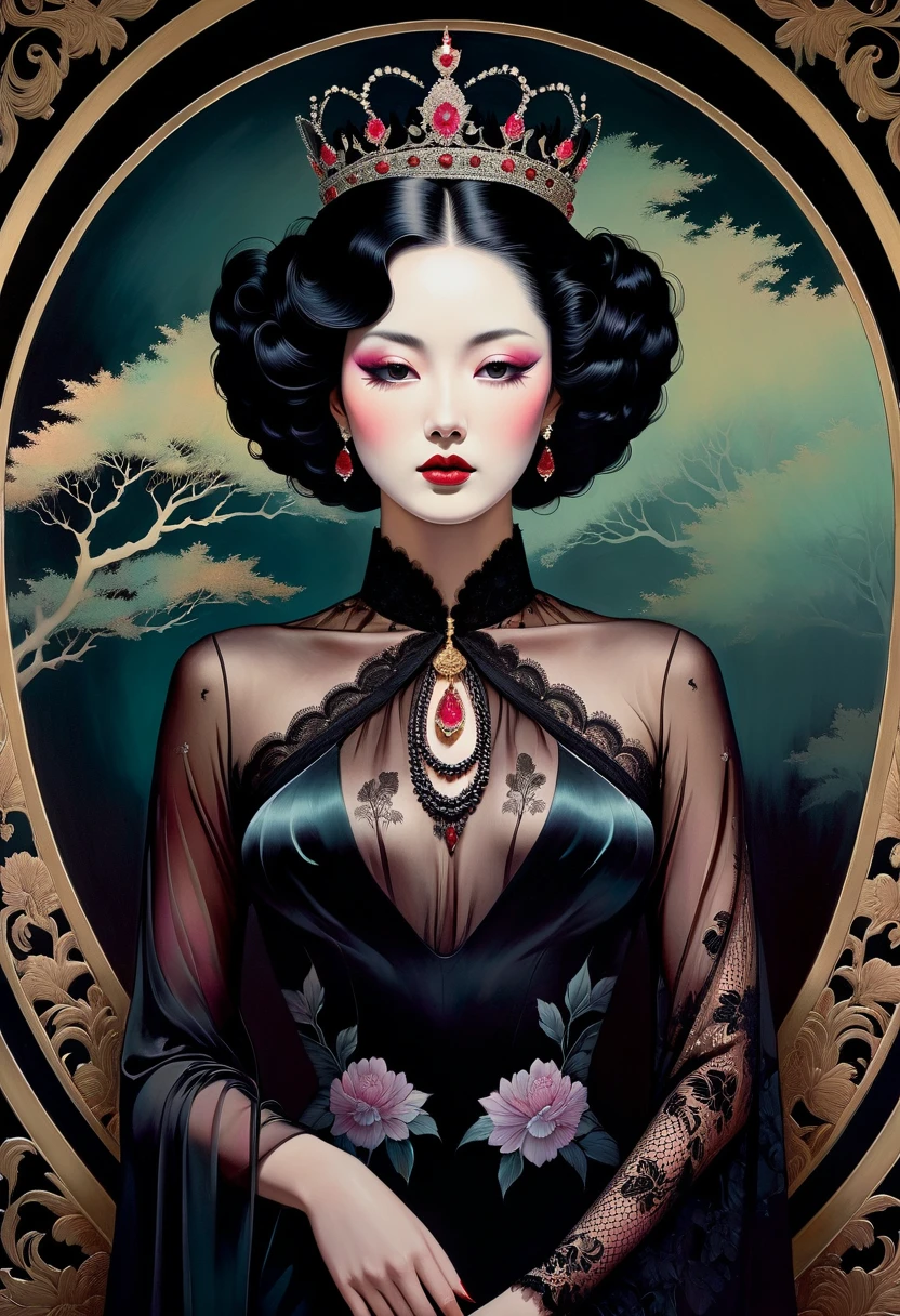 chiaroscuro technique on sensual illustration of an elegant woman, vintage queen, eerie, matte painting, by Hannah Dale, by Harumi Hironaka, extremely soft colors, hint of vibrant, highly detailed, digital artwork, high contrast, dramatic, refined, tonal,
