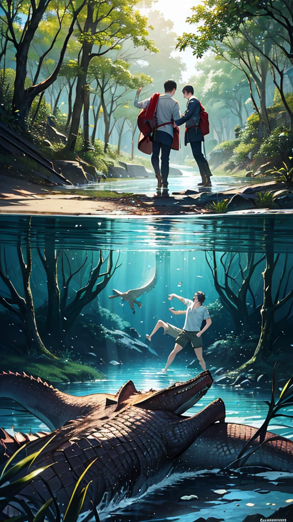 a dramatic scene of a river with a visible above and below water perspective. Above the water, show two men helping to pull another man out of the river, with expressions of fear and urgency. Below the water, depict a large crocodile with its mouth open, showcasing its sharp teeth, swimming towards the group above. The surrounding environment is a dense forest with large trees and sprawling roots around the riverbank. The water is clear enough to see both the surface activity and the underwater threat in vivid detail.