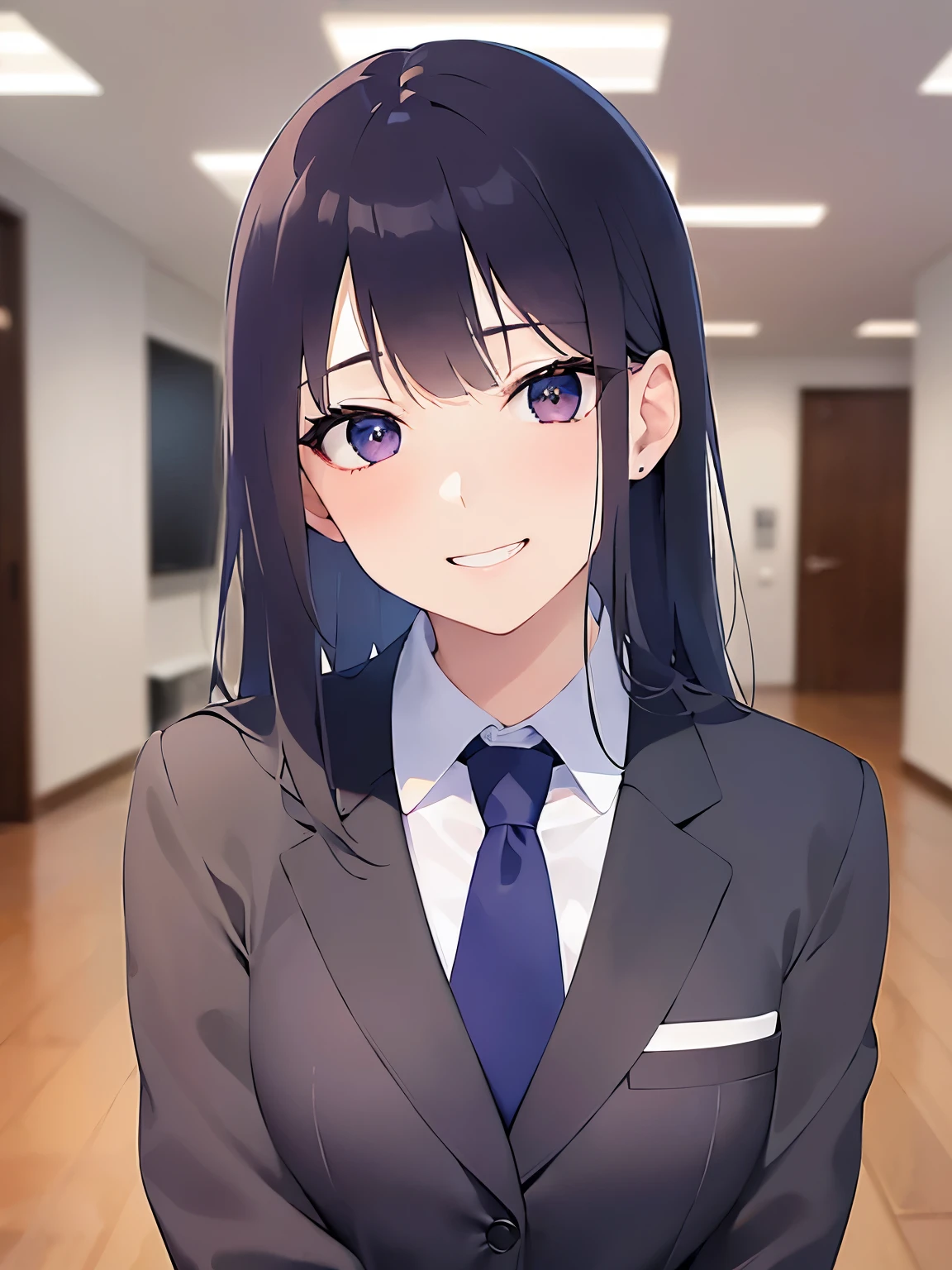 (hand on own cheek:1.3)、head tilt, Upper Body, Realistic, real person, (pale skin: 1.2), RAW photo, photorealistic, shiny skin, shiny hair、(A 25-year-old woman with straight hair and bangs) and (medium hair) and (black hair) and (purple eyes) , (suit:1.5) and (Blue tie） 、(grin:1.2), The background is the conference room、Alone、Are standing