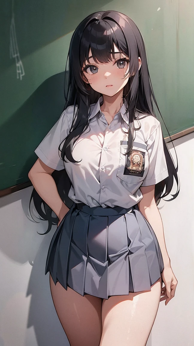 1 woman, 16 years old, full fringe long hair, voluptuous body, black eyes, Indonesian high-school uniform, white shirt, osis logo on shirt pocket, large breasts, grey pleated skirt, half-shot, innocent, 