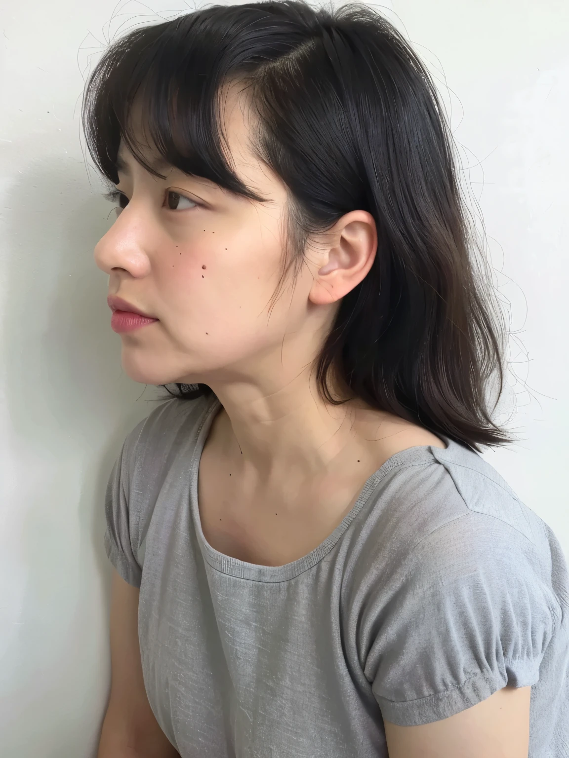 Short sleeve shirt、４０A chubby Japanese woman in her thirties、(White wall in the background、Gray Hair)、profile、Don&#39;t look at the camera、Photographed in front of a white wall、Layered Cut、Very delicate hair、(In a room with white walls and windows)、((Highest quality、8k、masterpiece:1.3))、Ultra-high resolution、(photoGenuineistic:1.4)、RAW Photos、Japanese,(detailed aspects)、Genuine、Photographed in natural light、Highly detailed face and skin texture、Highly detailed lips、The correct state of the human body、Shortcuts、short hair、Various poses、Natural color lip