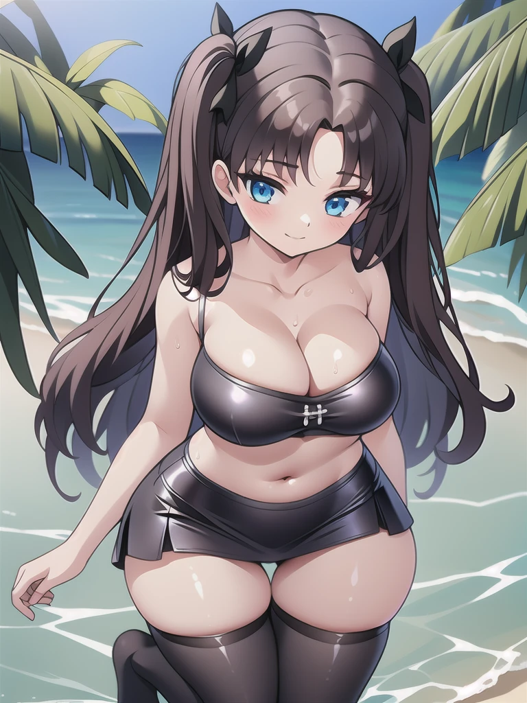 master-piece, bestquality, 1girls,************, View viewers from front, HD, slight smile, massive tits, cleavage, under , tights cloth, , tiny body, under tits cleavage, look down, wide hips, on kneels, tohsaka_rin_alt, dress, bitch, at beach, wet,