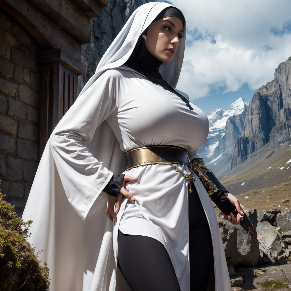 (masterpiece, top quality, best quality, official art, beautiful and aesthetic:1.2), (1girl:1.3), ((Sharp facial features, sharp features, hawkish features)), ((grey eyes)), busty paladin knight girl, extremely detailed, portrait, looking at viewer, solo, (full body:0.6), detailed background, full-body shot, (cold mountain nighttime glacier theme:1.1), holy knight, (nun), charlatan, smirk, mysterious, swaying in mountains, armor, polished metal, gold trim, long boots, white fabric, pelvic curtain, robe, pale leather, ((((nun, crossbow, heavy armor, armored, long legs, robes, prayer scrolls, toned, muscular)))), slim waist, slim hips, long legs, medieval (mountain exterior:1.1) background, dark mysterious lighting, shadows, magical atmosphere, dutch angle