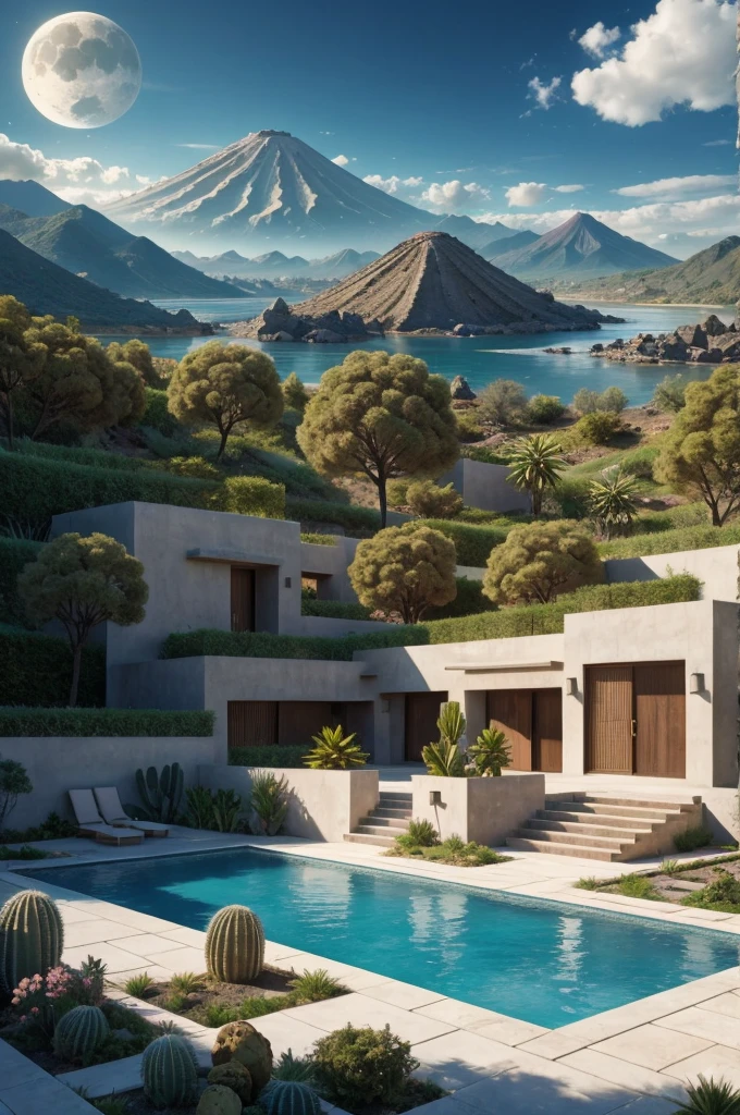 Multiple houses, brutalism style, Luis Barragán, Mountains in background, river, pool, terraces, stairs, garden terraces, trees, beautiful clouds, moon, sun, detailed, cacti, boulders, volcanic rocks, fuggy,