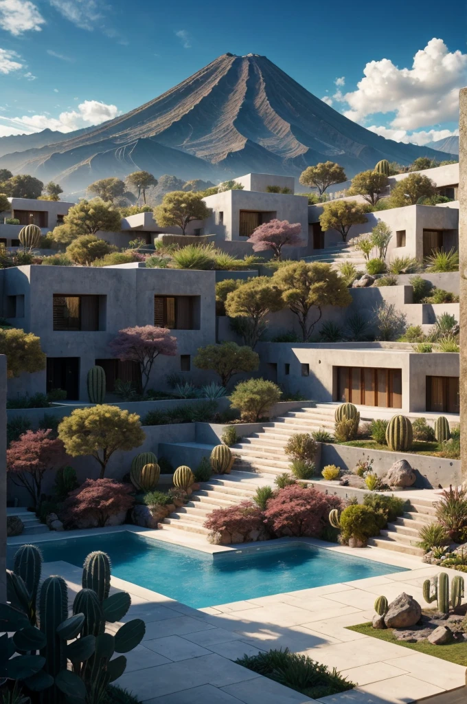 Multiple houses, brutalism style, Luis Barragán, Mountains in background, river, pool, terraces, stairs, garden terraces, trees, beautiful clouds, moon, sun, detailed, cacti, boulders, volcanic rocks, fuggy,