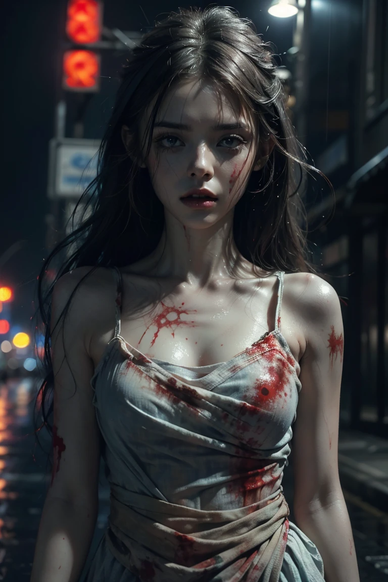 masterpiece, best quality, a beautiful girl (blue eyes), blood running down her face, warm lights, wearing a dress, closeup, raining, empty street, soaked,zombie girl,blood, professional photography, cute scared face, soaking wet, front view, facing viewer, looking at viewer, 8k, ultra realistic, night, upper body, photorealistic