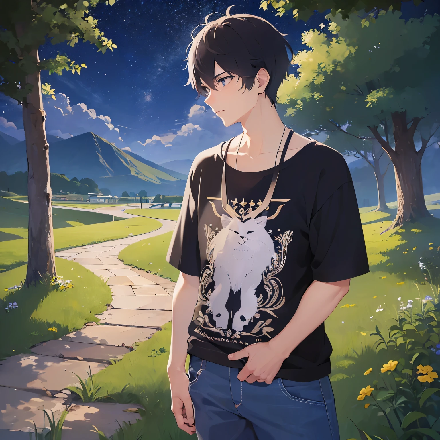 (25-year-old male:1.5) and (Black short hair) and (blue eyes)
(black) and (T-Shirts).(looking away:1.5),upper body,
shiny skin, masterpiece、Highest quality、,serious
（Night Park：1.5）、（Night Sky：1.5）、grass