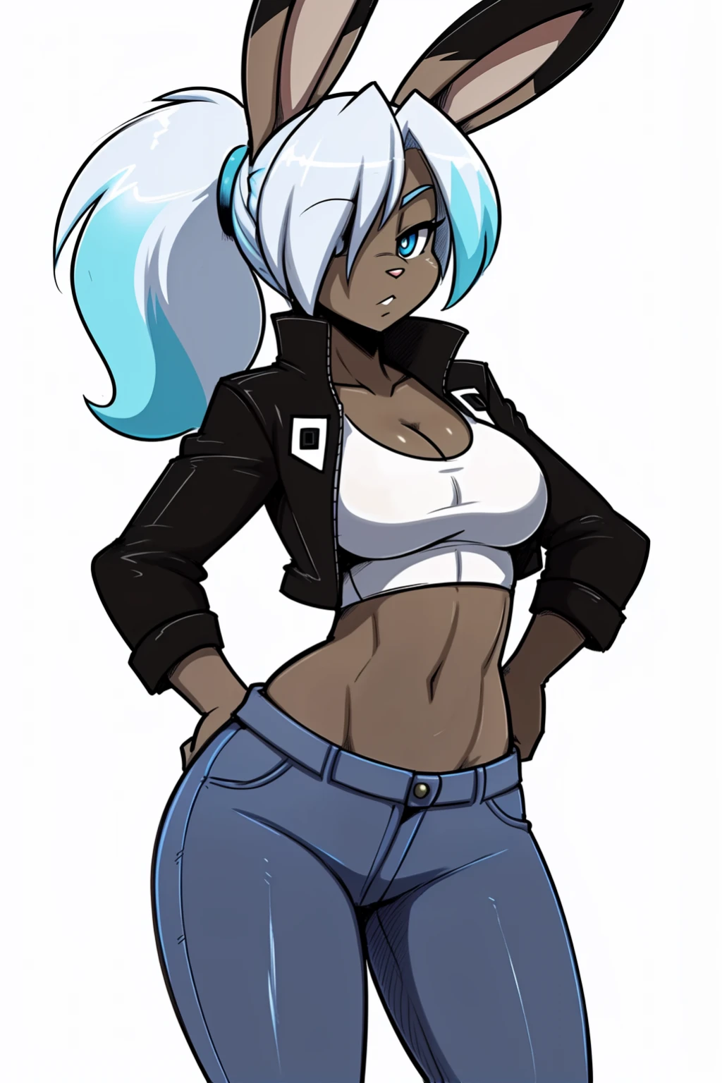 (adult, sketch-ish, 2d, absurdres, best quality, uploaded on e621), (by uc77, by zeekzag, (by sssonic2:1.04), by skidd, by john joseco, by kadath, by bigdad, by shonuff, by scappo), ((white background, no background:1.4)), (waist portrait, manga styled, manga styled eyes, intense pupils, getter robo styled eyes), (sassy, seductive, cute, adult), (female anthro rabbit, solo, rabbit ears, lop ears, down ears, lop down ears:1.2), ((dark tan body, dark tan fur, single color fur, single color body:1.5)), (pattens blue eyes, bedroom eyes, lidded eyes), ((medium-length hair with a ponytail, baja white hair, celeste cyan hair, very light blue hair, bright blue hair, gradient hair)), (hair over eye), ((waist jacket, white sports bra, white and black jeans)), (curvy figure), (((short rabbit tail:1.1))),