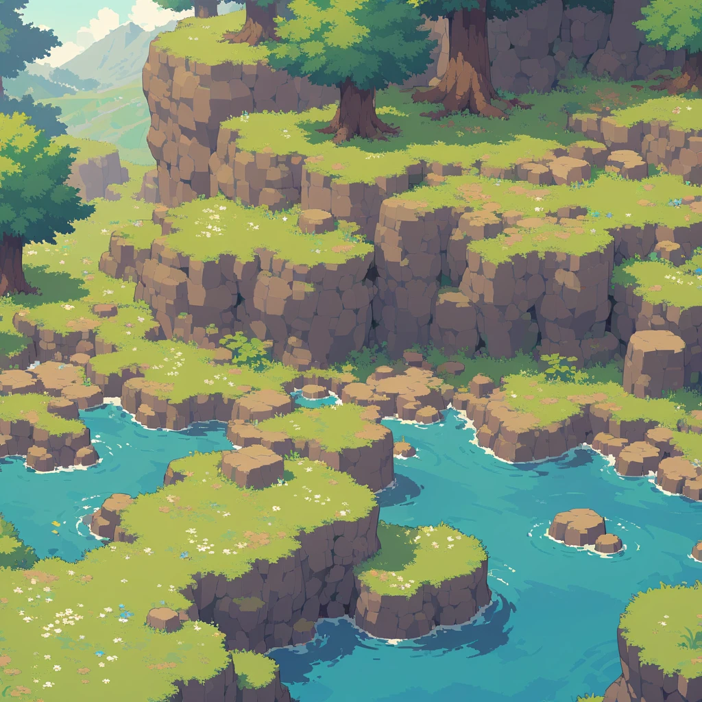 retro video game style,pixelated, vibrant pastel colors,8-bit characters,blocky shapes,sharp lines,detailed shading,classic gaming vibe,nostalgic atmosphere,classic arcade games,masterpiece:1.2,ultra-detailed,illustration style, 2d texture, stone texture, 4 k seamless mud texture, video game texture, dirt texture, tileset, game tiles, grass, 3/4th perspective trees, 3/4th perspective tileable rock texture, 3/4th perspective tileable cliff formations, tileable trees, topdown view, game texture, game art, tileable texture, very detailed cliff texture, intricate stones, top down view, 3/4th perspective