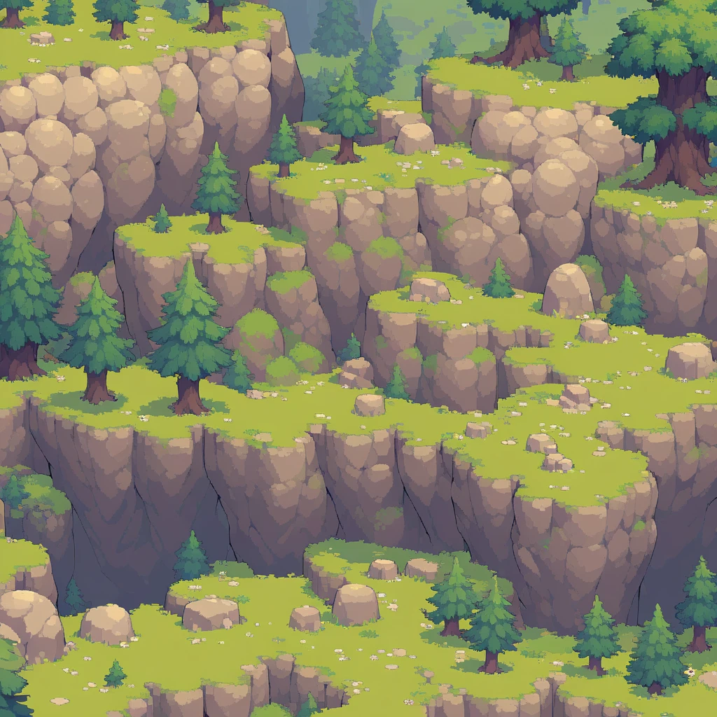 retro video game style,pixelated, vibrant pastel colors,8-bit characters,blocky shapes,sharp lines,detailed shading,classic gaming vibe,nostalgic atmosphere,classic arcade games,masterpiece:1.2,ultra-detailed,illustration style, 2d texture, stone texture, 4 k seamless mud texture, video game texture, dirt texture, tileset, game tiles, grass, 3/4th perspective trees, 3/4th perspective tileable rock texture, 3/4th perspective tileable cliff formations, tileable trees, topdown view, game texture, game art, tileable texture, very detailed cliff texture, intricate stones, top down view, 3/4th perspective