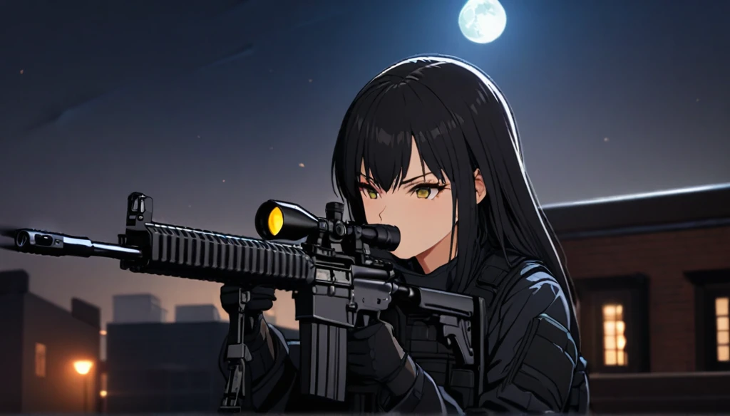 Highest quality, Highest quality, 16K, Unbelievably absurd, Very detailed, delicate and dynamic, Natural light, The particles reflect light, Diffuse reflection of light, Vortex of Light, dark outfield, roof top of building, moon night, illumination, Create amazing image effects, Upper body close-up, (sole sexy girl, Firm bust, , powerful, A professional sniper,, aiming a target with M16 auto rifle, swat uniform,)
