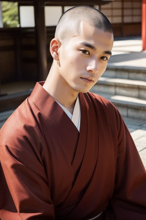Japanese Temples Men Buddhist Priest Small dark eyes Looking at Viewer(camera) thin eyebrow facing this way Calm expression shaved head Sitting