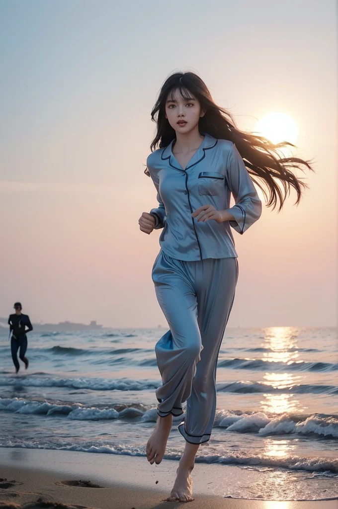 Low light dark pastel shades, The content is very detailed,(Clear face)，(beautiful eyes)，look at the audience，good quality, reflect,(Girl running on the beach, Long black hair flying, Beautiful sunset in gauze pajamas on the beach, Dark 80s dystopia《blade runner》stylized, dynamic scene, Ultra high quality, masterpiece,