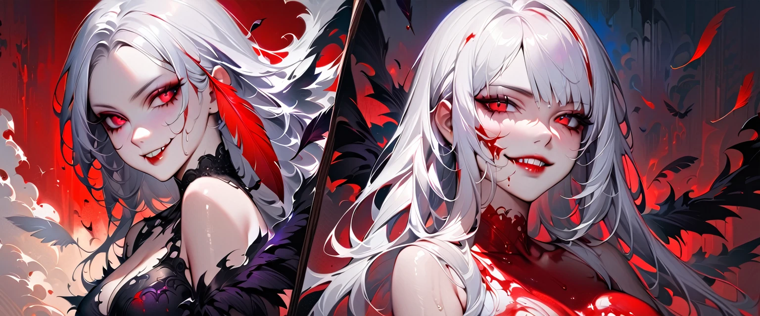 ((Nsfw, Vulgar)),wet-on-wet oil painting depicting a dark angel, a semi-realistic full body portrait, blood on the angel face,, red eyes, gorgeous painting, breathtaking, semirealistic, beautiful colors, evil, beautiful red eyes, detailed textures, dark feathers, blood, white hair, evil grin, evil smile