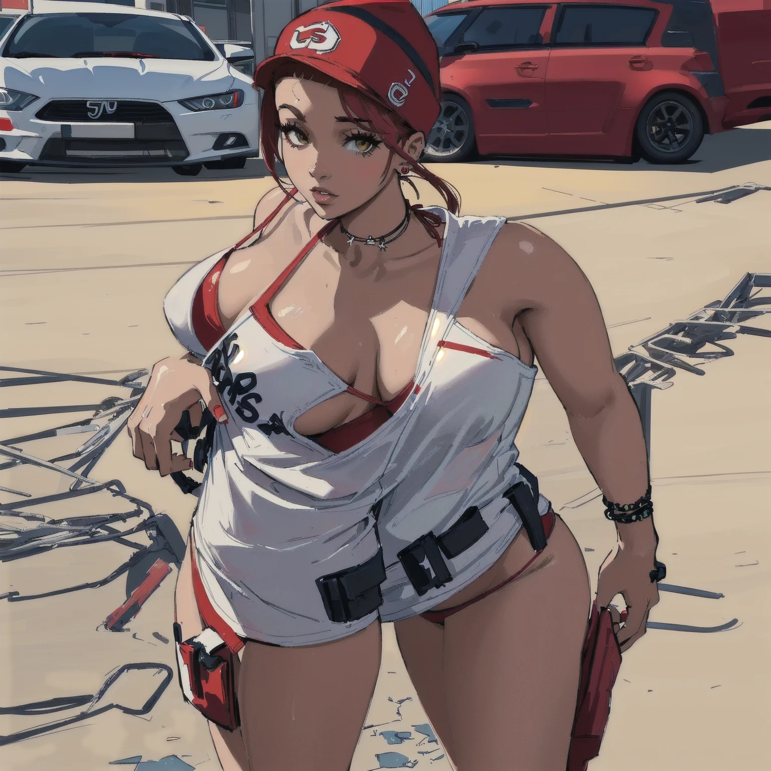 a woman in a swimsuit and a red hat is standing in a parking lot, gta v street style, gta character, gta character v, style of gta v, ariana grande in gta v, realistic bikini, GTA5 style, gta 5 skin tone, like a GTAV character, is wearing a swimsuit, very sexy outfit, intriguing outfit, in clothes! highy detailed