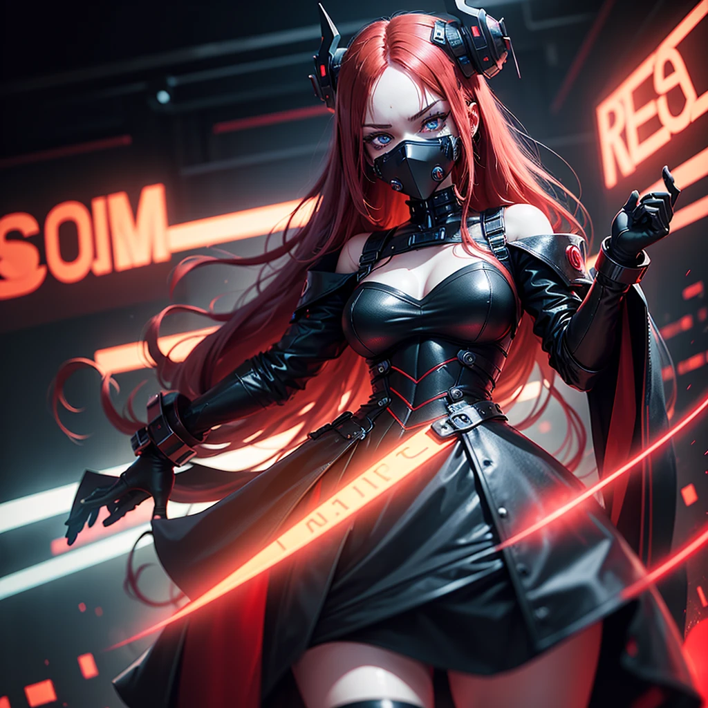 Girl Android demonic gloomy with long red hair she has a playful look she has a mask on her face a respirator she has a deep neckline and bare hips a woman with sexy hips half cyborg modification Beautiful fur blue eyes stands in full height Anime Style black background Cyberpunk style, the camera films Her from below, lower angle of photography, black background image of a night black city and red neon lights, red lamps, red lighting, red flashes in the background