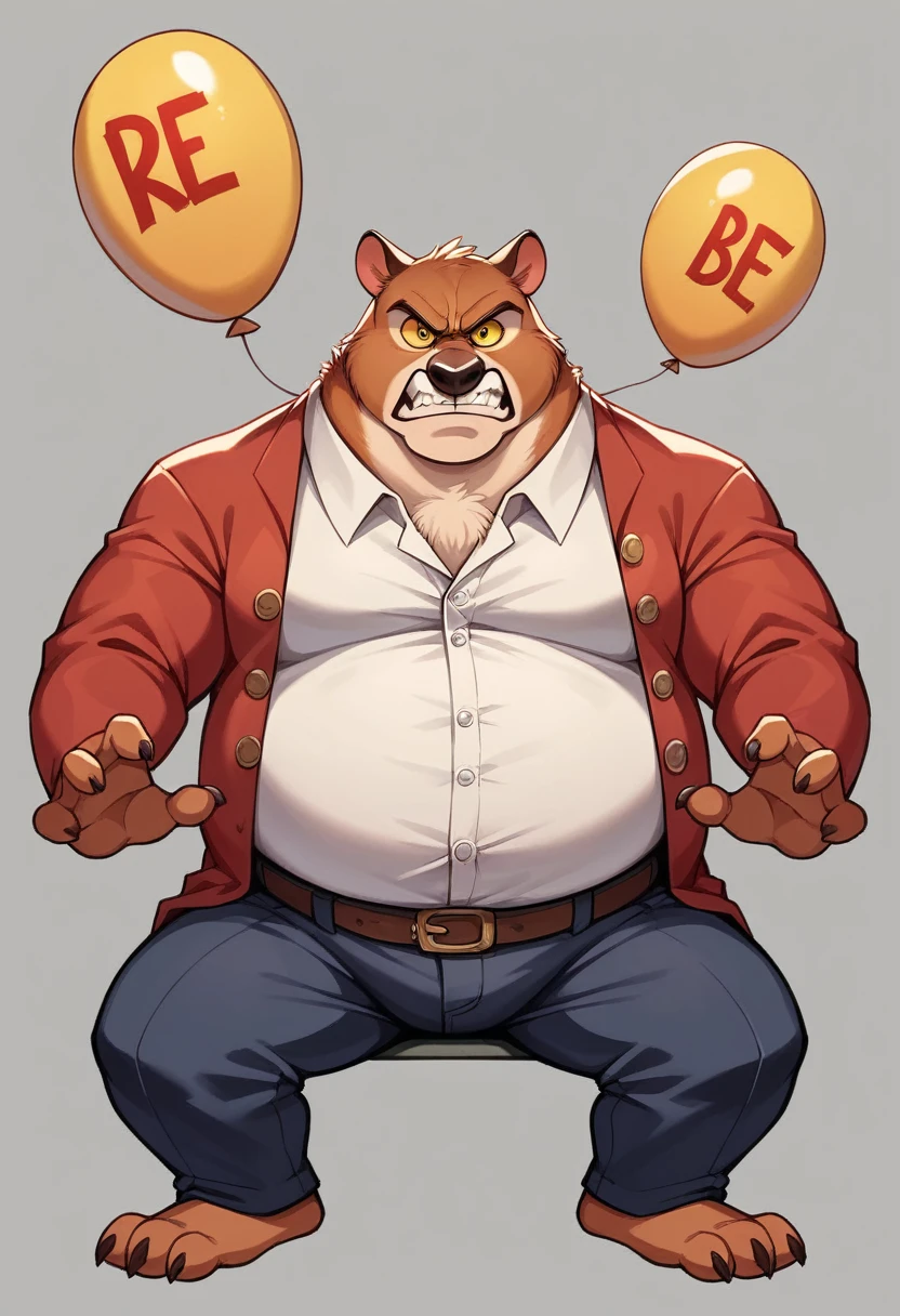 (Alone), (three headed wolf), adult male, ((masculine, furry, detailed eyes)), by dramamina:1.3, by disney, Obese, Gray background, button up, Cowboys, belt, Text balloons:1.5, correct hands, ultra detailed, pose natural, ((angry, arguing, bickering, ceñudo, eye contact:0.9)), barba, sitting in a recliner, yellow eyes