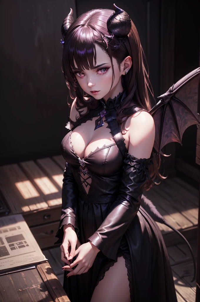 a demonic succubus woman with purple wings and tail, brown hair, golden eyes, thin purple horns, wearing a white dress with a leather jacket, fine facial features and almond-shaped eyes, (best quality,4k,8k,highres,masterpiece:1.2),ultra-detailed,(realistic,photorealistic,photo-realistic:1.37),digital painting,concept art,fantasy,dark fantasy,dramatic lighting,dramatic shadows,cinematic,moody,vibrant colors,glowing eyes
