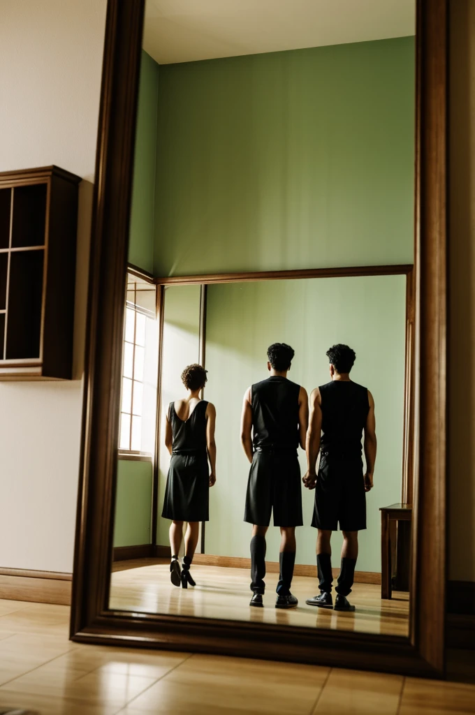 A man sees from afar how his partner leaves with another person through the mirror, left alone and behind. 
