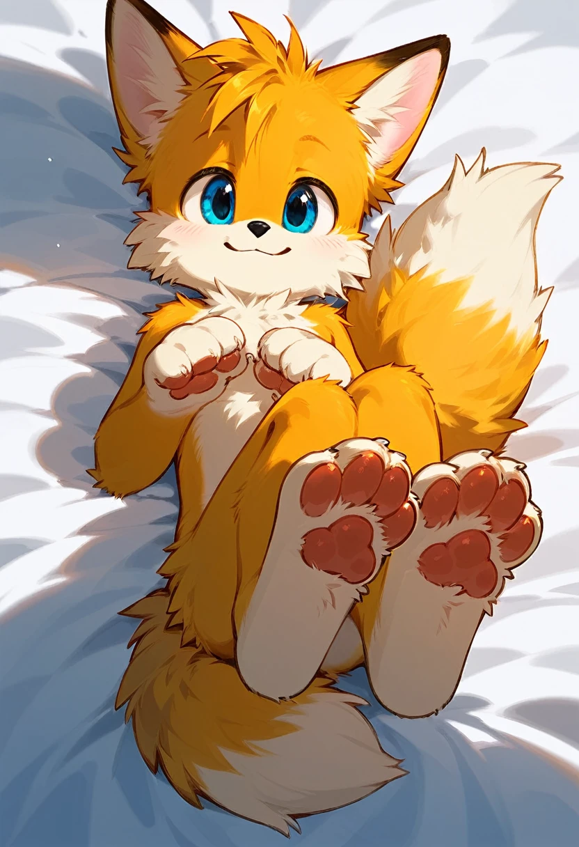 Solo, score_9,score_8_up score_7_up, anthro, Tails Miles Prower, yellow fox, male, smiling, laying on a bed, laying down, close up, four toes, 4 toes, feet, paws, focus on feet, pawpads, pawpad, cute paws, furry paws, (sfw:1.2), cute, (barefoot:1.2), pink pawpads