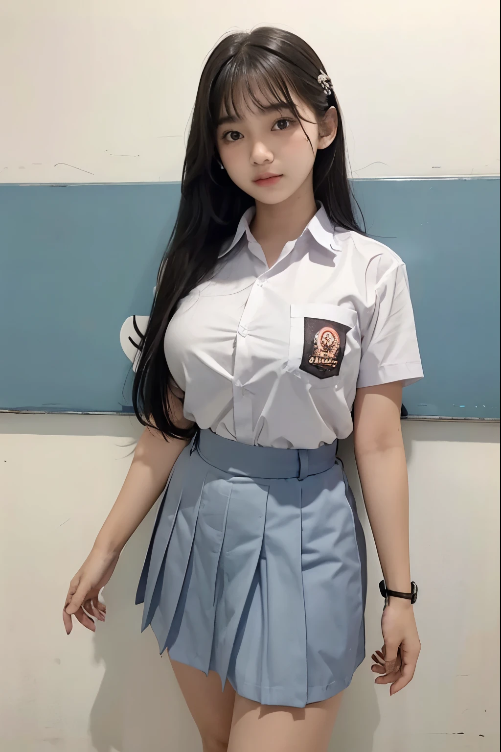 1 woman, 16 years old, full fringe long hair, voluptuous body, black eyes, Indonesian high-school uniform, white shirt, osis logo on shirt pocket, large breasts, grey pleated skirt, half-shot, innocent,