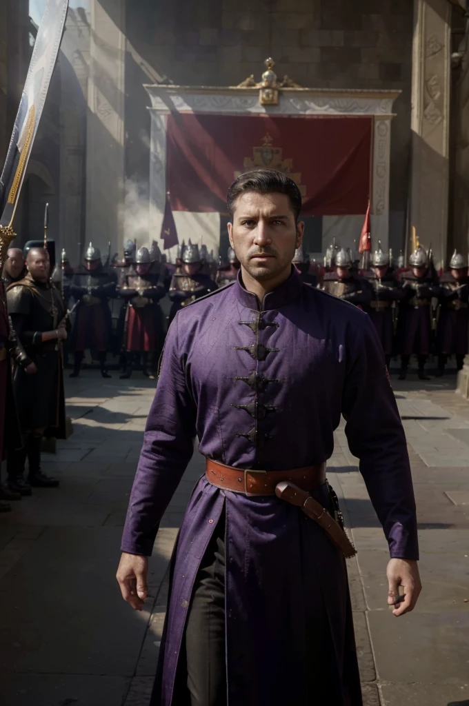 ((Best quality, 8k, Masterpiece :1.3)), Sharp focus :1.2, dynamic light, an imperial emperor standing in front of a powerful army in the background, epic scene, wide perspective, medieval period, luxury, powerful empire, purple outfit, core color is red, banner, fancy sword, roman empire