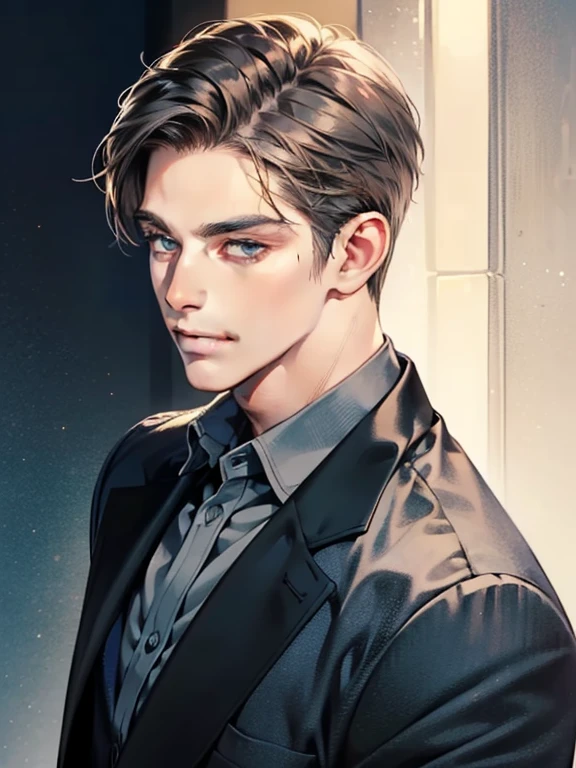 masterpiece, best quality, realistic, 1man, mature male, quiet and charming young man, 41 year old, serious look, closed mouth, portrait, extremely detailed face, cold smile, ((dark grey blue eyes)), ((short-right-swept dark black hair)), [thick eyebrows], ((suit)), handsome, full body, western, Jewish, light brown skin,