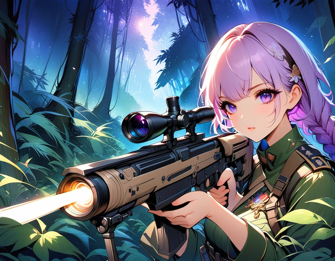 A female sniper, Intricate details, Highly detailed military uniform, Delicate face, beautiful eyes, Long eyelashes, Determine the expression, Holding, In a forest environment, Sunlight through the trees, light, Vibrant colors, Drama, masterpiece,aim