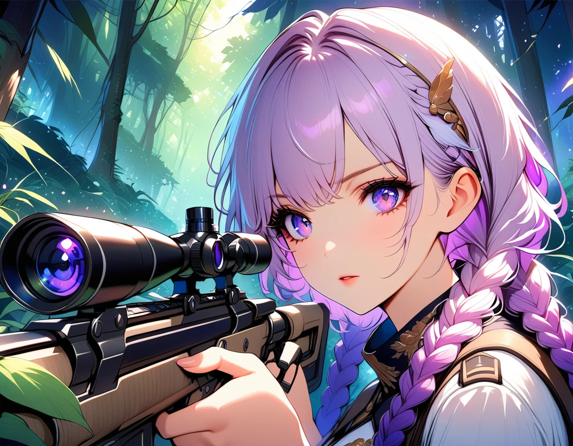 A female sniper, Intricate details, Highly detailed military uniform, Delicate face, beautiful eyes, Long eyelashes, Determine the expression, Holding, In a forest environment, Sunlight through the trees, light, Vibrant colors, Drama, masterpiece,aim