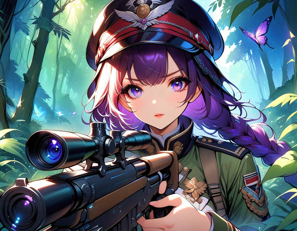 A female sniper, Intricate details, Highly detailed military uniform, Delicate face, beautiful eyes, Long eyelashes, Determine the expression, Holding, In a forest environment, Sunlight through the trees, light, Vibrant colors, Drama, masterpiece,aim